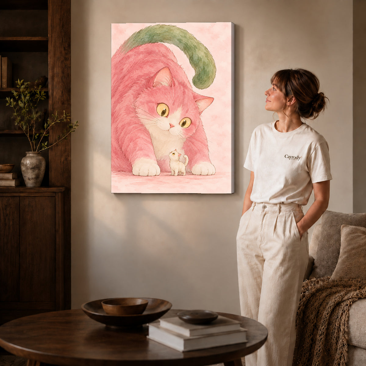 tender pink cat companions canvas art shown in the gallery-wrapped option with visible depth and warm surroundings.