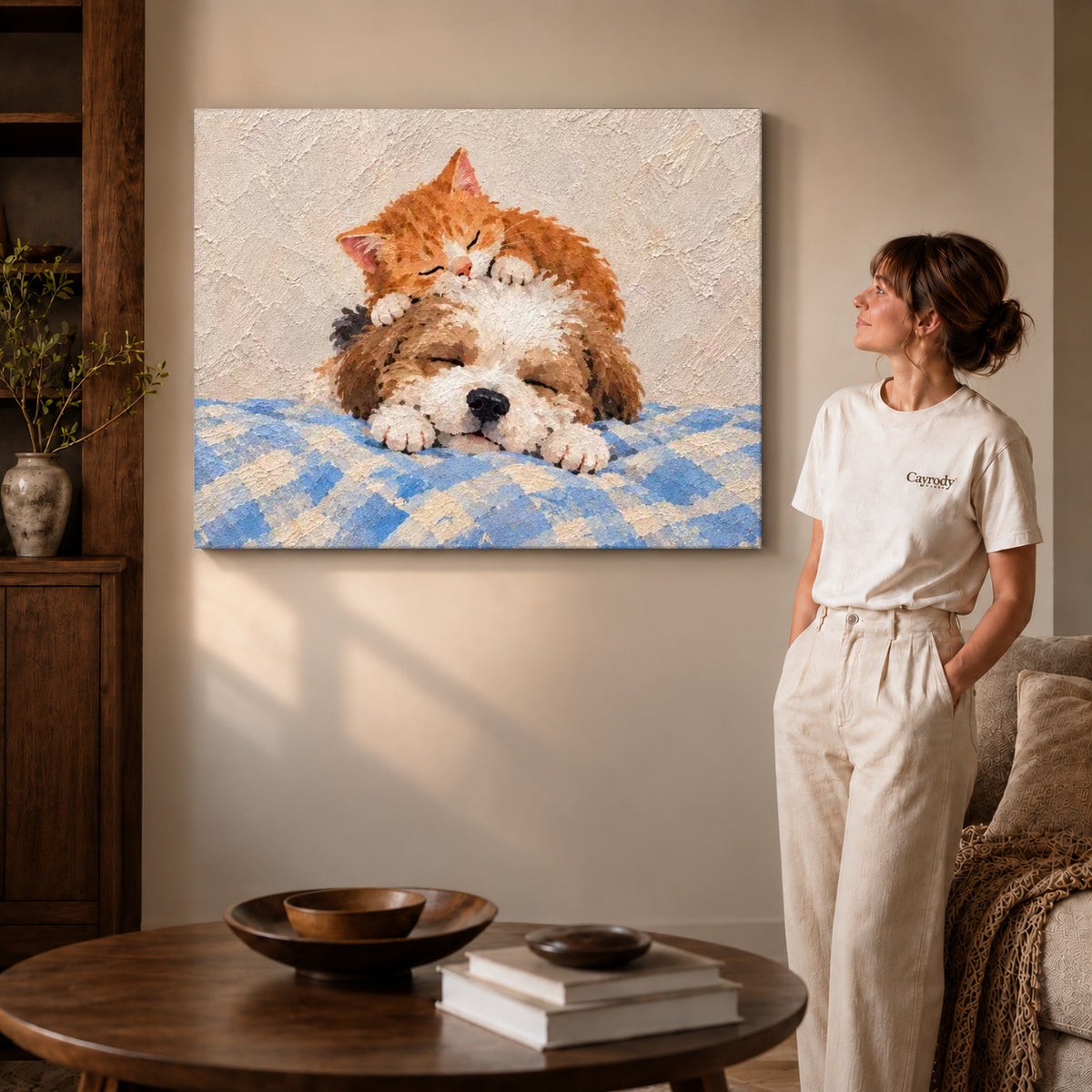 sleepy kitten puppy canvas art shown in the gallery-wrapped option with natural side shading and warm surroundings.