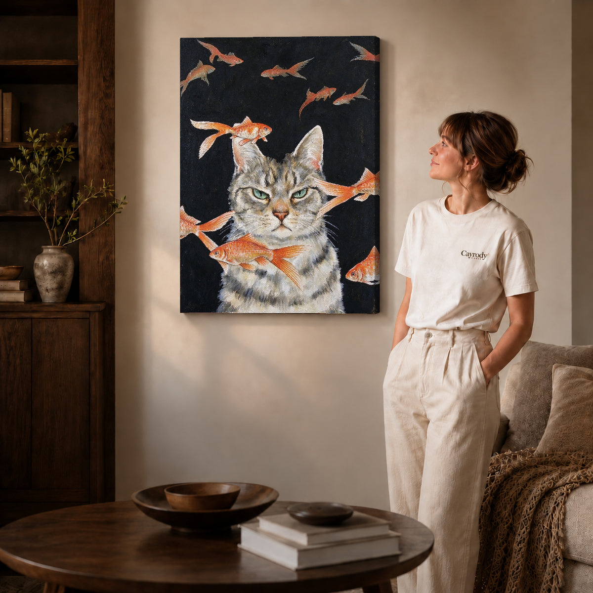 goldfish dreaming cat canvas art shown in the gallery-wrapped option with visible depth and warm surroundings.