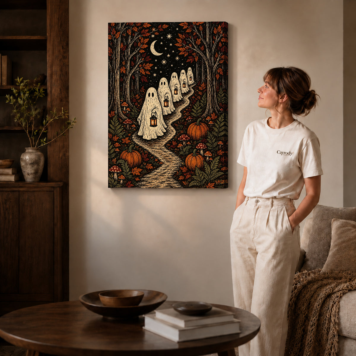moonlit ghost lanterns canvas art shown in the gallery-wrapped option with visible depth and warm surroundings.