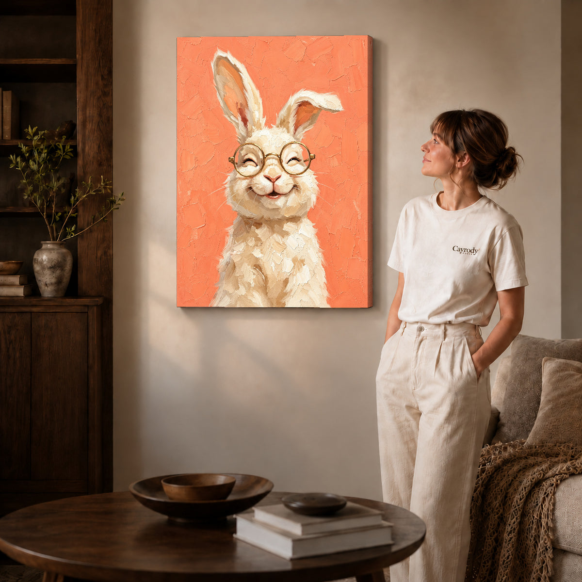 laughing rabbit portrait canvas art shown in the gallery-wrapped option with visible depth and warm surroundings.