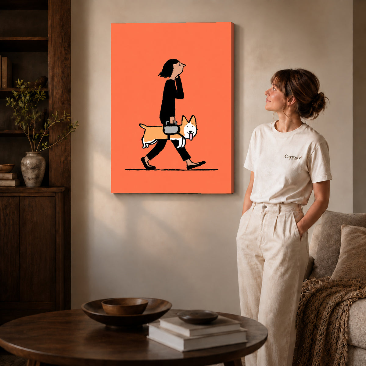 walking corgi companion canvas art shown in the gallery-wrapped option with visible depth and warm surroundings.