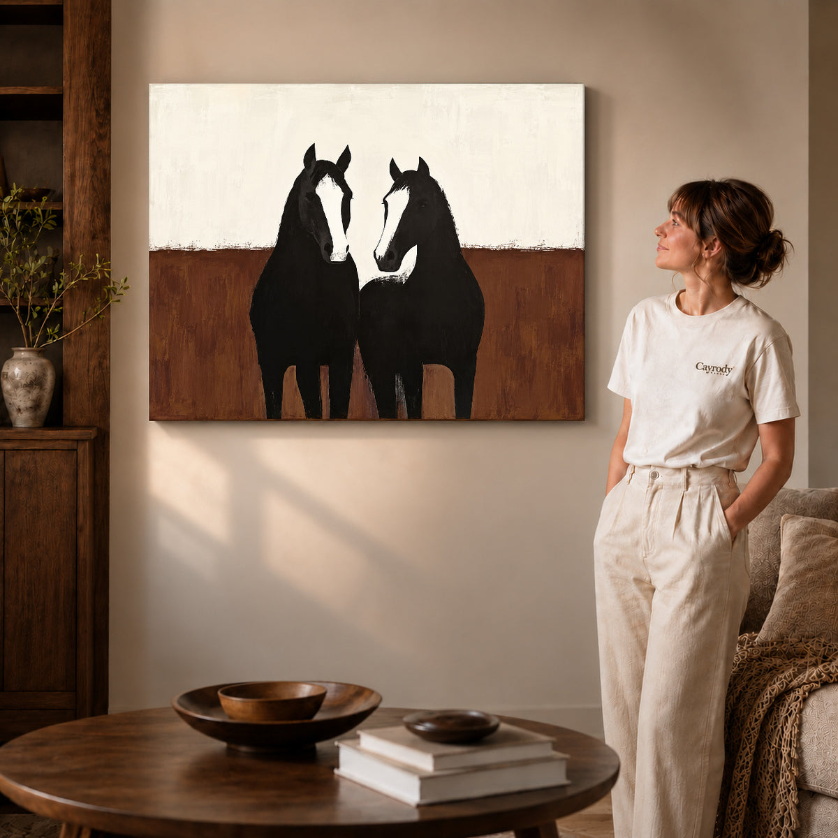 quiet horse companions canvas art shown in the gallery-wrapped option with natural side shading and warm surroundings.