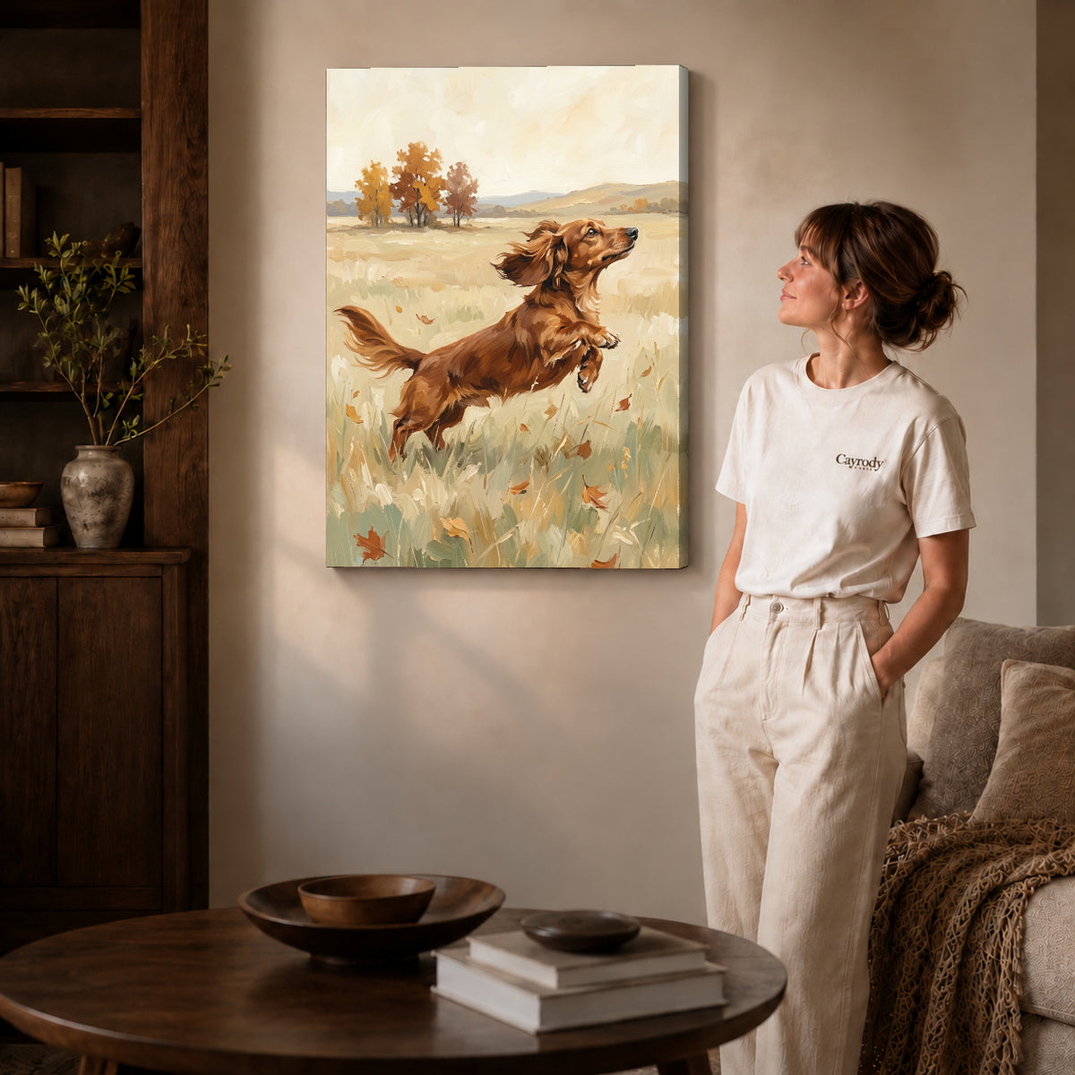 playful dachshund leap canvas art shown in the gallery-wrapped option with visible depth and warm surroundings.
