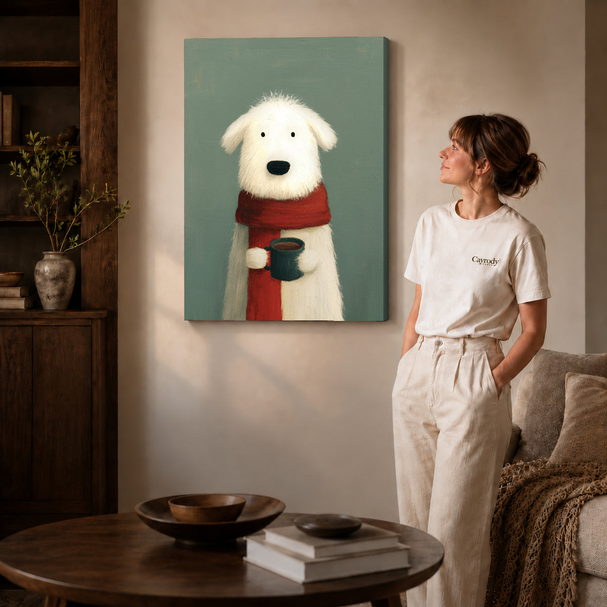 cozy morning dog canvas art shown in the gallery-wrapped option with visible depth and warm surroundings.