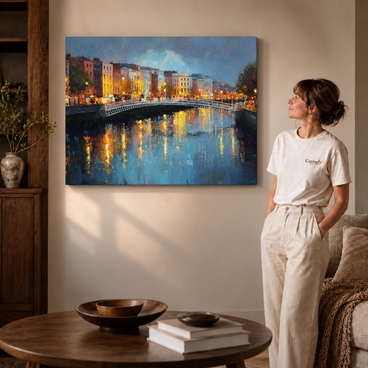 city bridge reflections canvas art shown in the gallery-wrapped option with natural side shading and warm surroundings.