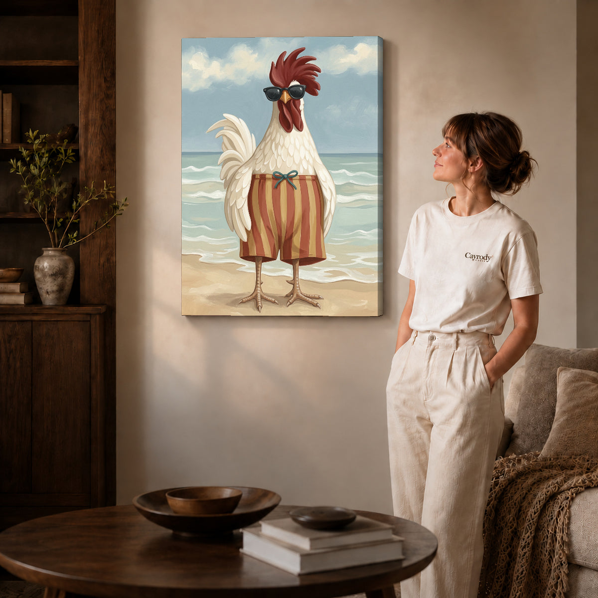 sunny beach rooster canvas art shown in the gallery-wrapped option with visible depth and warm surroundings.