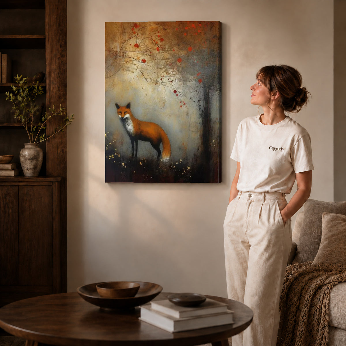 autumn woodland fox canvas art shown in the gallery-wrapped option with visible depth and warm surroundings.