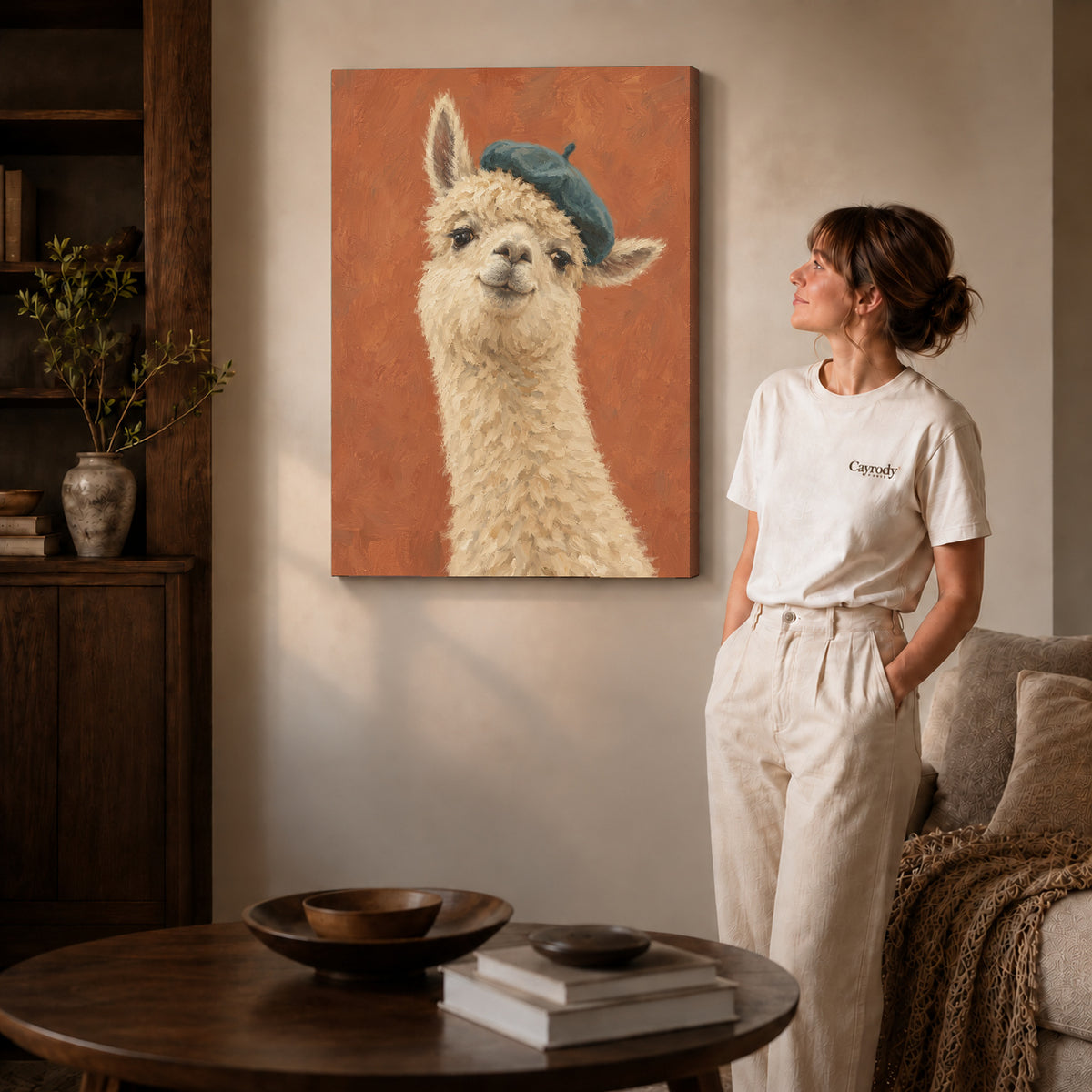 beret llama portrait canvas art shown in the gallery-wrapped option with visible depth and warm surroundings.
