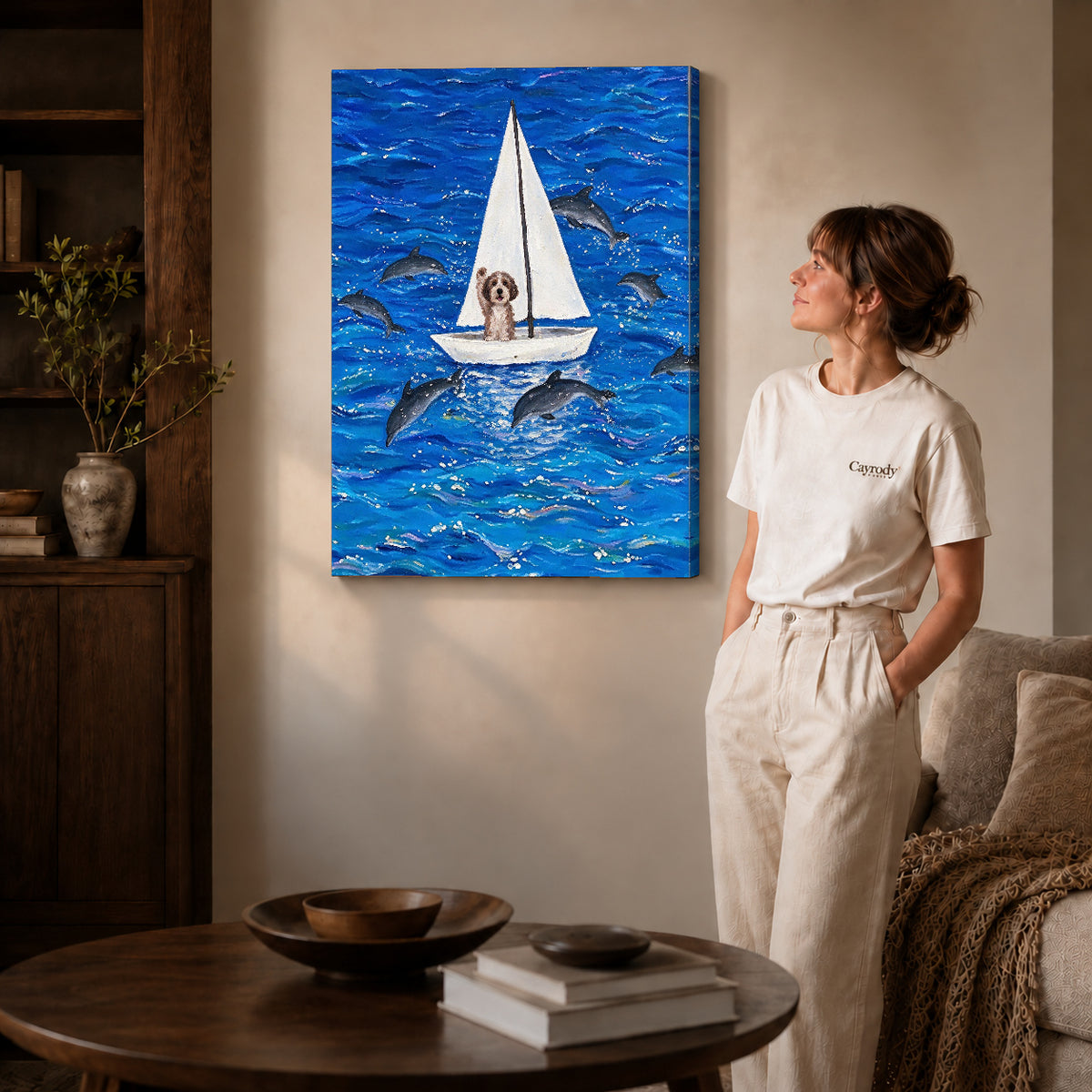 seafaring dog adventure canvas art shown in the gallery-wrapped option with visible depth and warm surroundings.