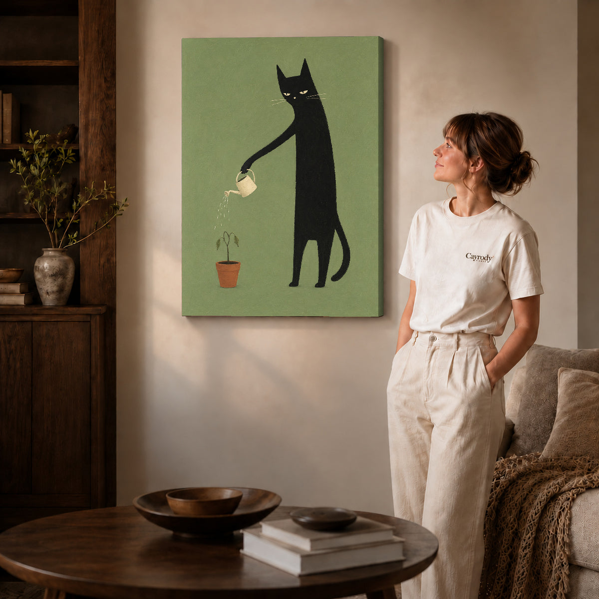 reluctant garden cat canvas art shown in the gallery-wrapped option with visible depth and warm surroundings.
