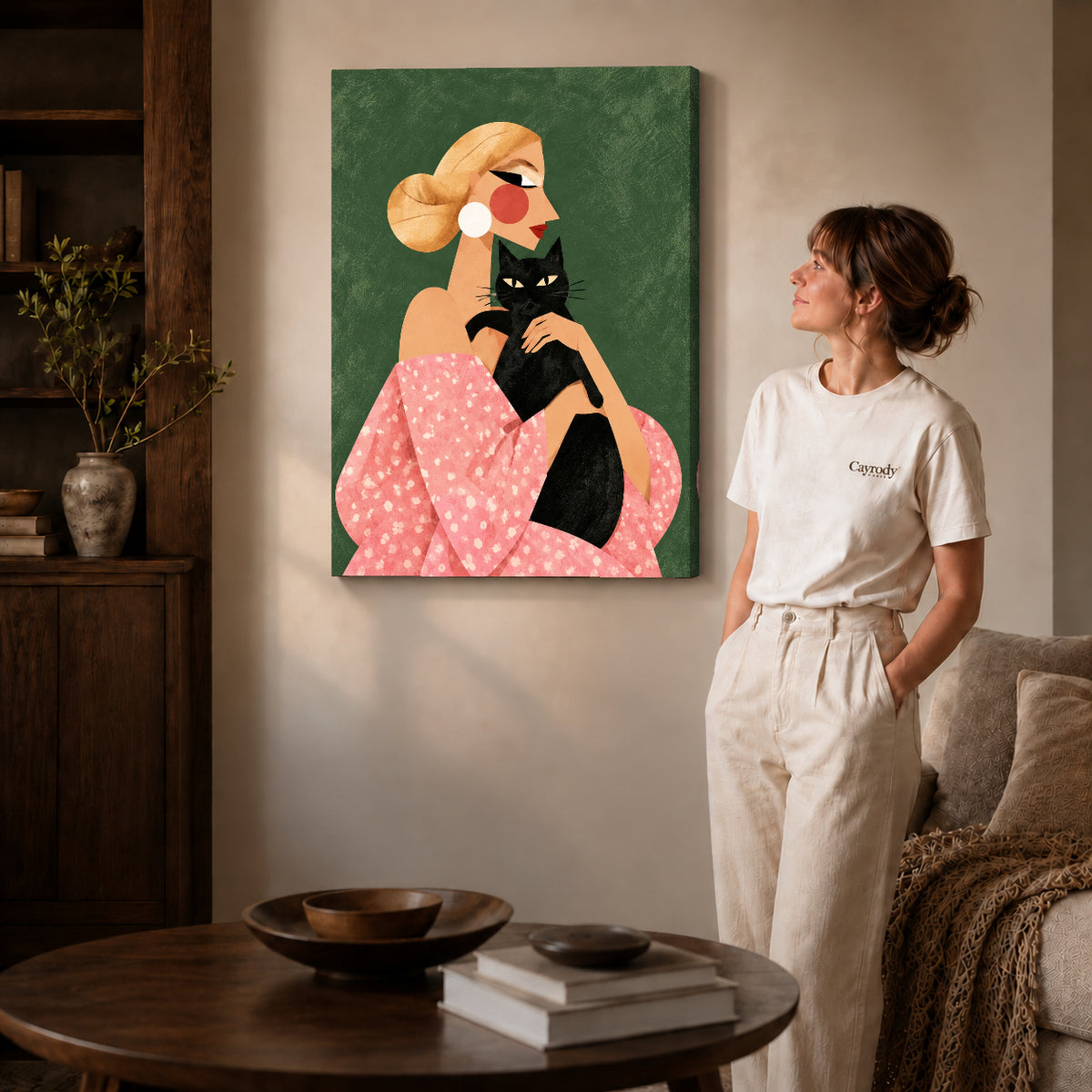 blonde cat companion canvas art shown in the gallery-wrapped option with visible depth and warm surroundings.