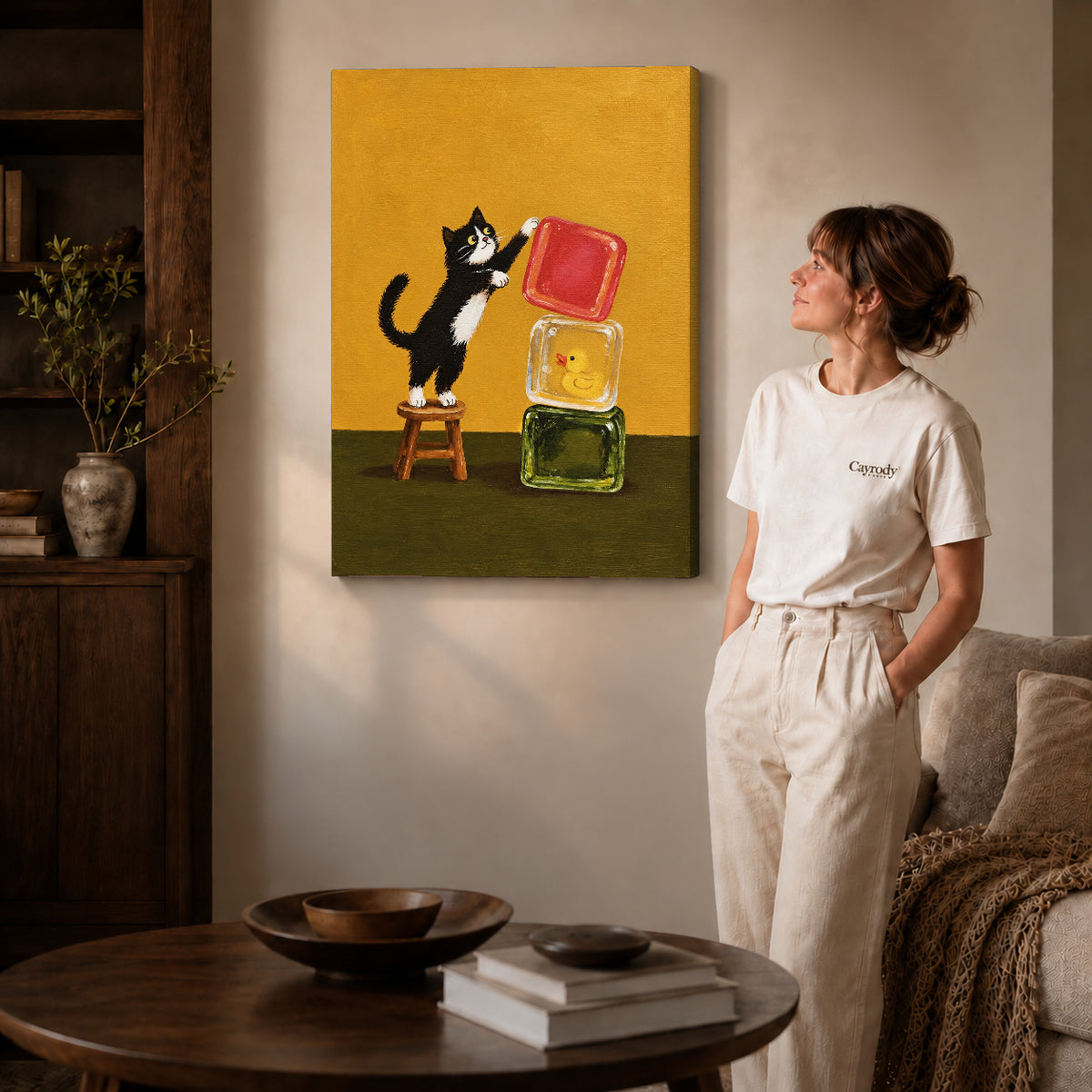 cat block balance canvas art shown in the gallery-wrapped option with visible depth and warm surroundings.