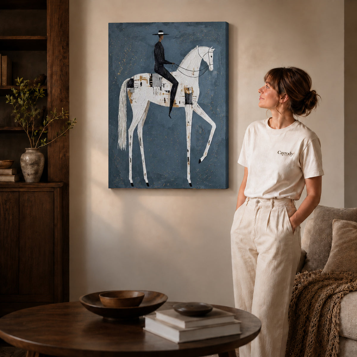 quiet equestrian poise canvas art shown in the gallery-wrapped option with visible depth and warm surroundings.