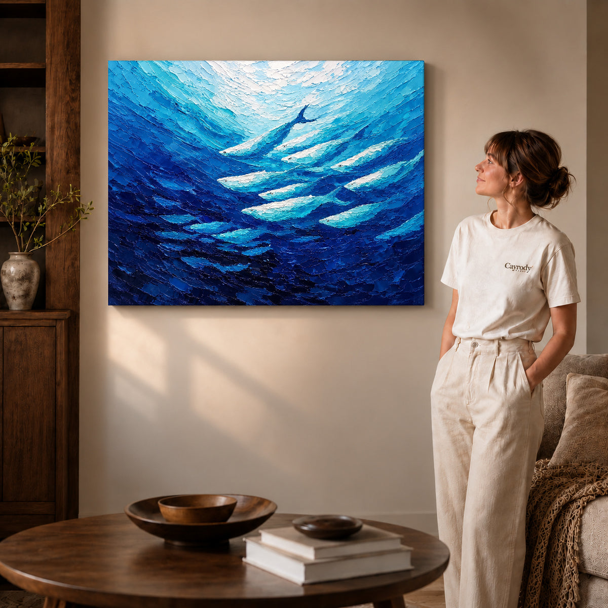 cobalt fish current canvas art shown in the gallery-wrapped option with natural side shading and warm surroundings.