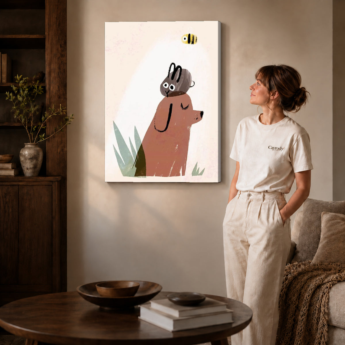 dog rabbit daydream canvas art shown in the gallery-wrapped option with visible depth and warm surroundings.