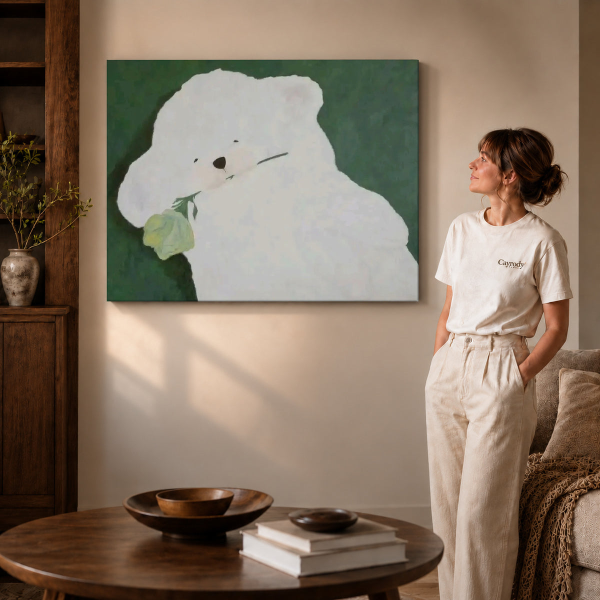 rose bearing puppy canvas art shown in the gallery-wrapped option with natural side shading and warm surroundings.