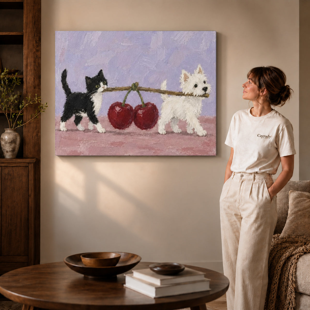 Gallery wrapped cherry carrying pets canvas art room scene assigned to all six unframed wrapped canvas sizes.