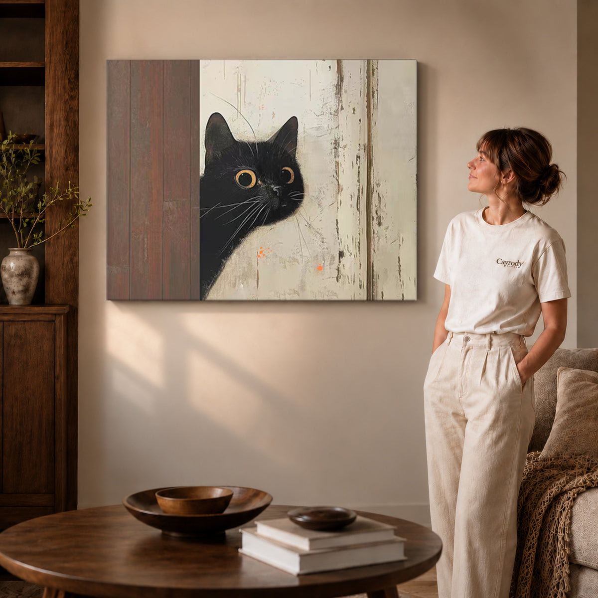 Gallery wrapped peeking black cat canvas art room scene assigned to all six unframed wrapped canvas sizes.