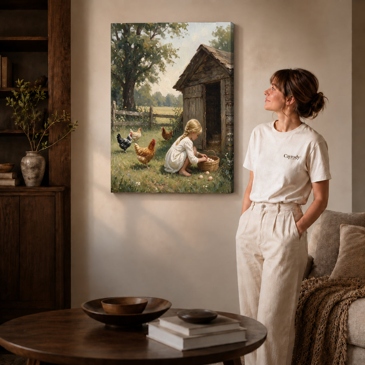 Gallery wrapped girl gathering eggs canvas art room scene assigned to all six unframed wrapped canvas sizes.