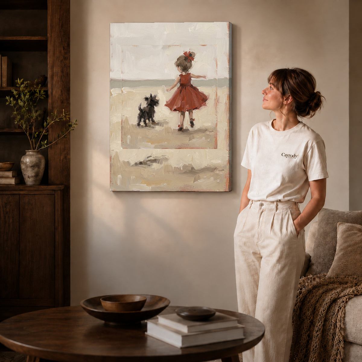 Gallery wrapped girl and dog canvas art room scene assigned to all six unframed wrapped canvas sizes.