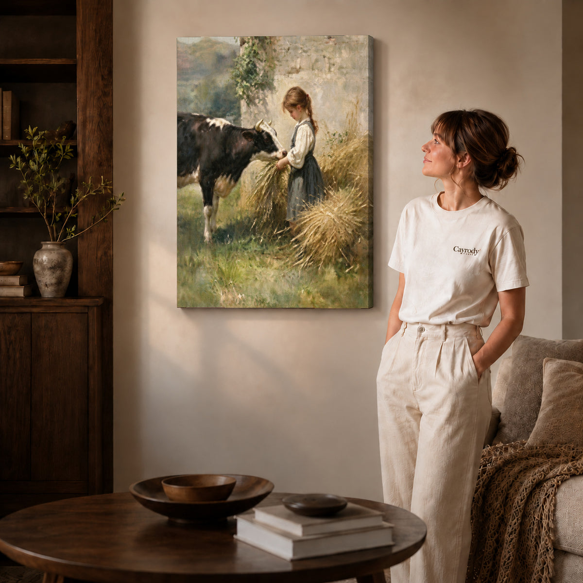 Gallery wrapped girl feeding cow canvas art room scene assigned to all six unframed wrapped canvas sizes.