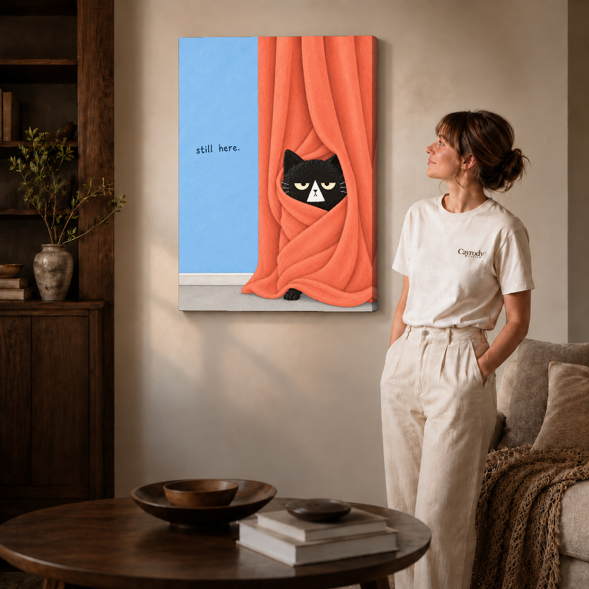 Gallery wrapped curtain black cat canvas art room scene assigned to all six unframed wrapped canvas sizes.