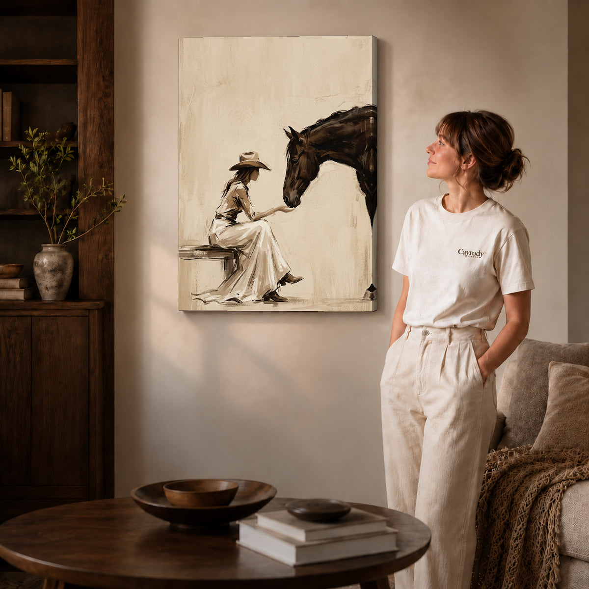 Gallery wrapped woman and horse canvas art room scene assigned to all six unframed wrapped canvas sizes.