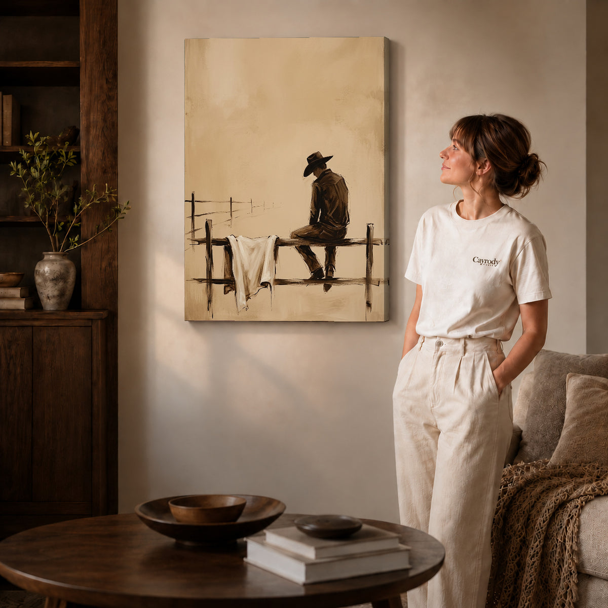 Gallery wrapped sepia cowboy canvas art room scene assigned to all six unframed wrapped canvas sizes.