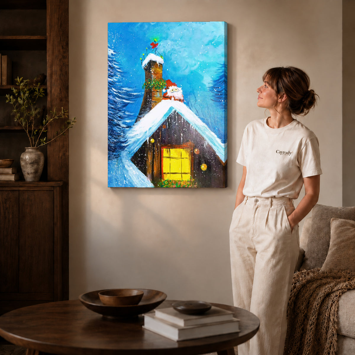 Gallery wrapped snowy cottage canvas art room scene assigned to all six unframed wrapped canvas sizes.