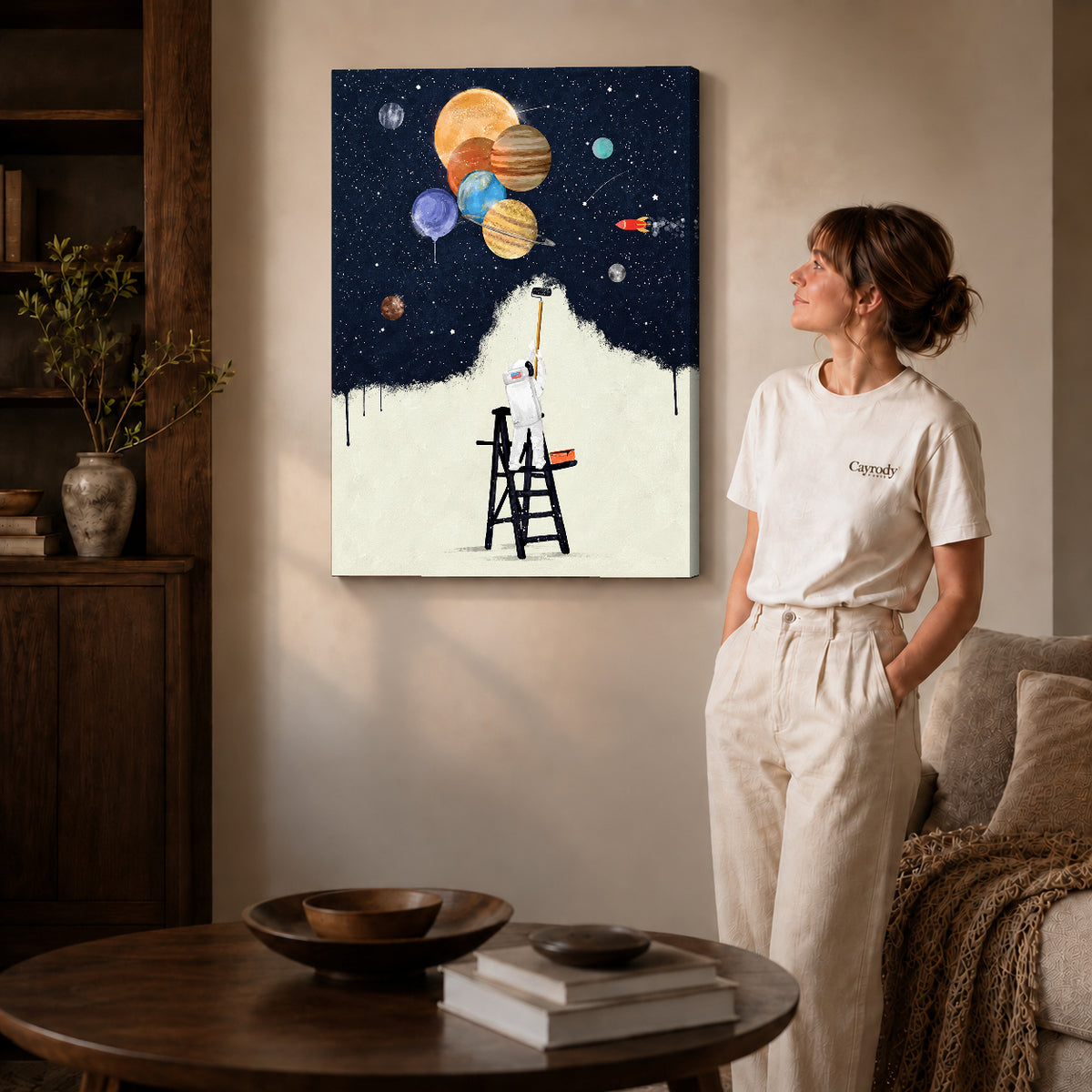 Gallery wrapped astronaut painter canvas art room scene assigned to all six unframed wrapped canvas sizes.