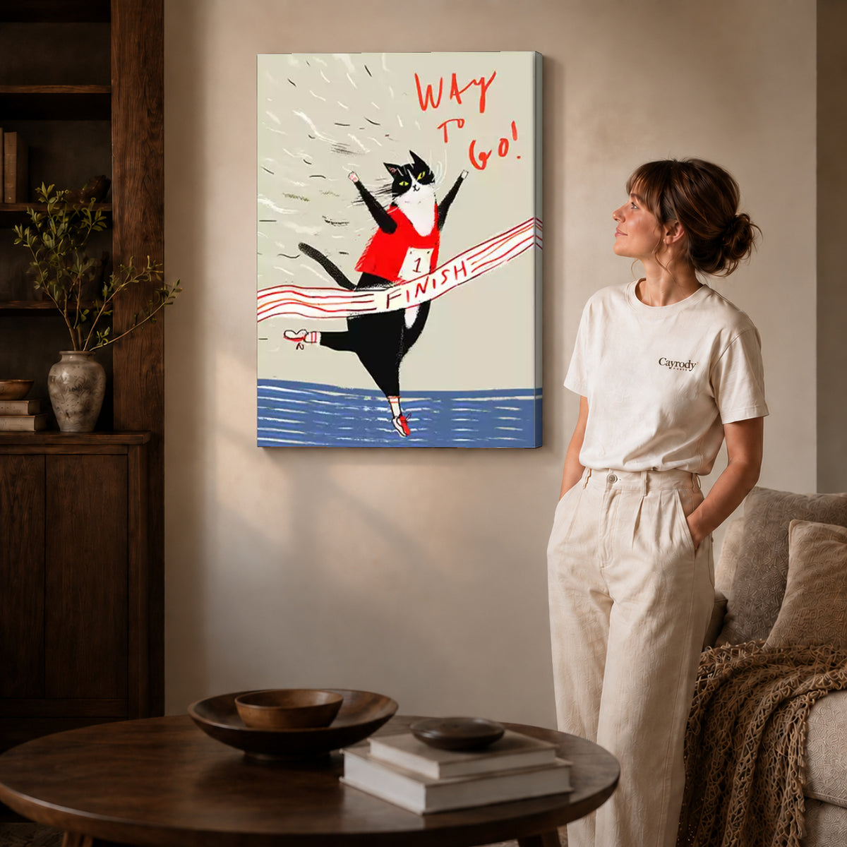 Gallery wrapped running cat canvas art room scene assigned to all six unframed wrapped canvas sizes.