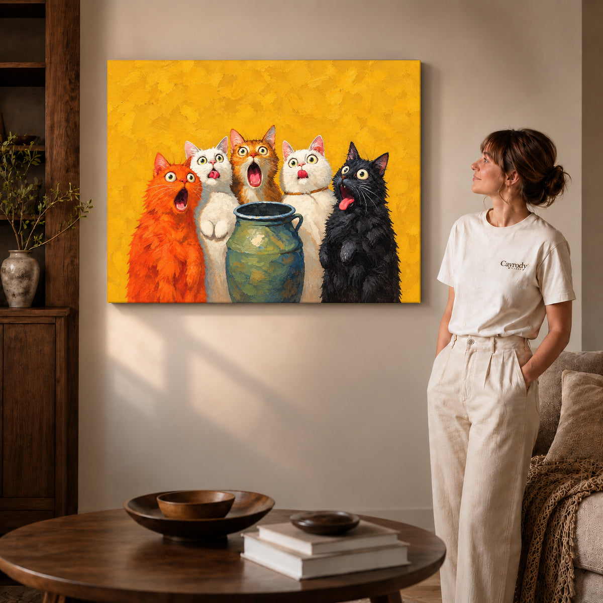Gallery wrapped surprised cat quintet artwork scene assigned to all six unframed wrapped canvas sizes.