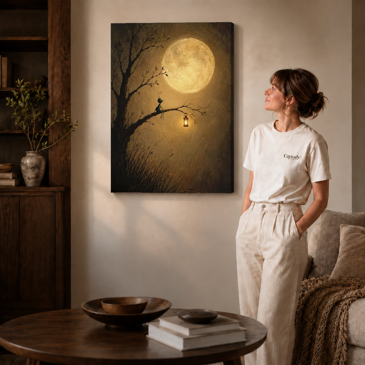 Gallery wrapped moonlit insect lantern canvas art room scene assigned to all six unframed wrapped canvas sizes.