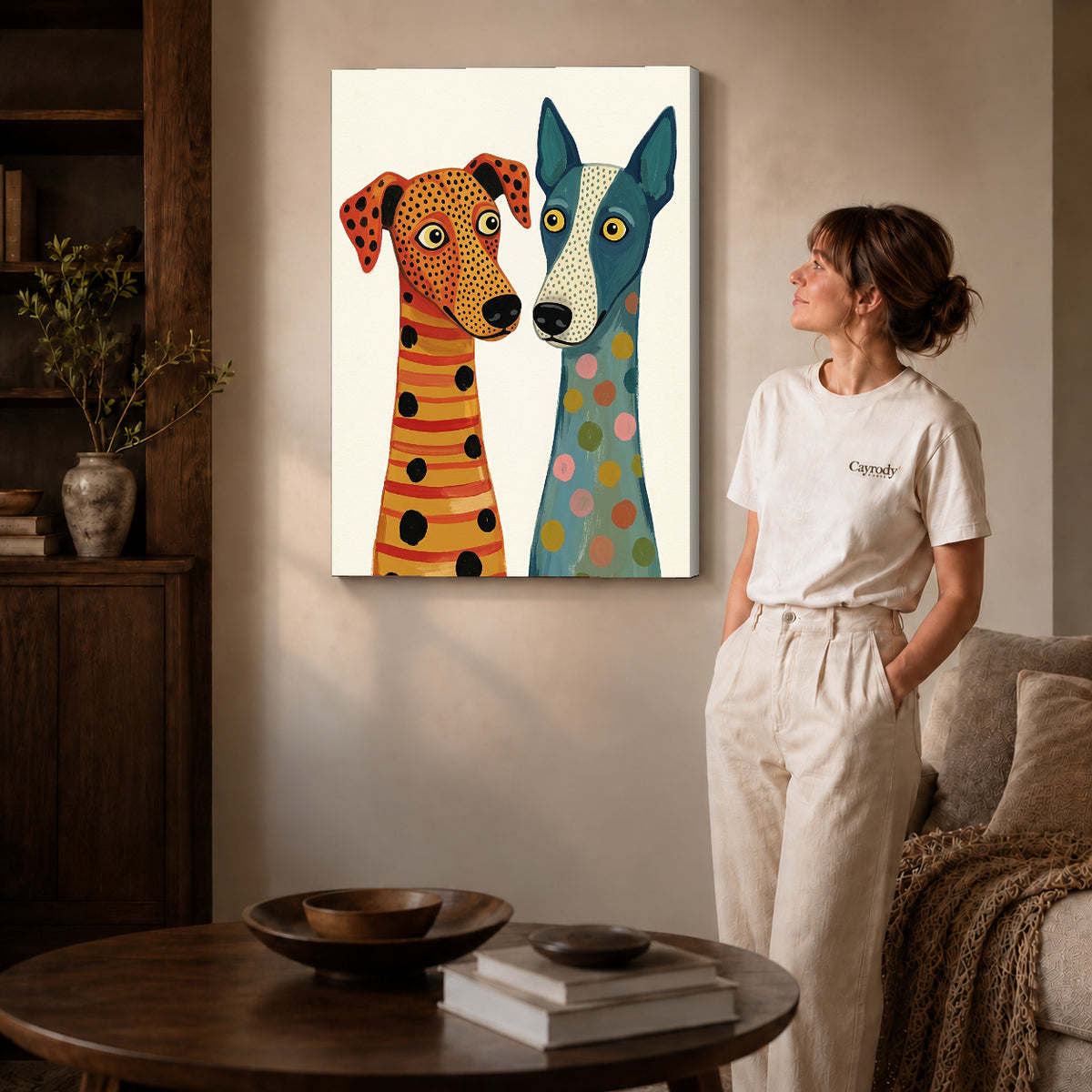 Gallery wrapped patterned dog duo canvas art room scene assigned to all six unframed wrapped canvas sizes.