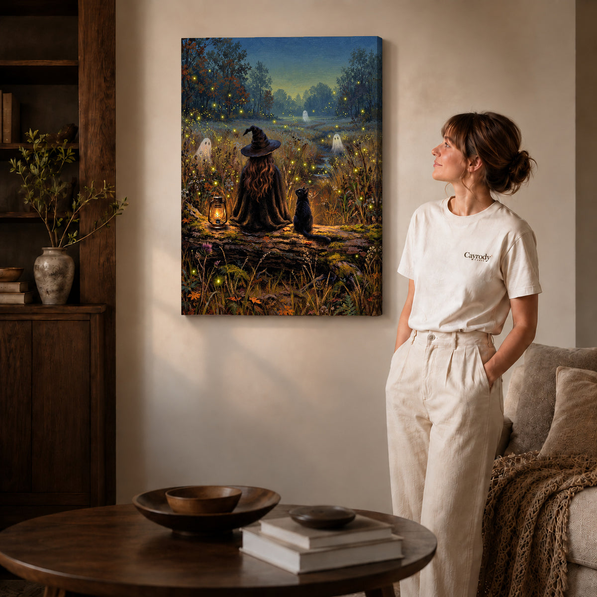 Gallery wrapped witch cat fireflies canvas art room scene assigned to all six unframed wrapped canvas sizes.