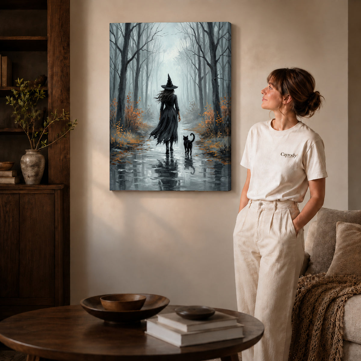 Gallery wrapped misty witch walk artwork scene assigned to all six unframed wrapped canvas sizes.