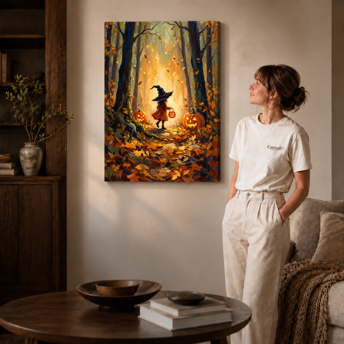 Gallery wrapped autumn witch path canvas art room scene assigned to all six unframed wrapped canvas sizes.
