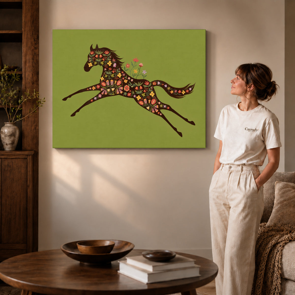 Gallery wrapped floral galloping horse artwork scene assigned to all six unframed wrapped canvas sizes.