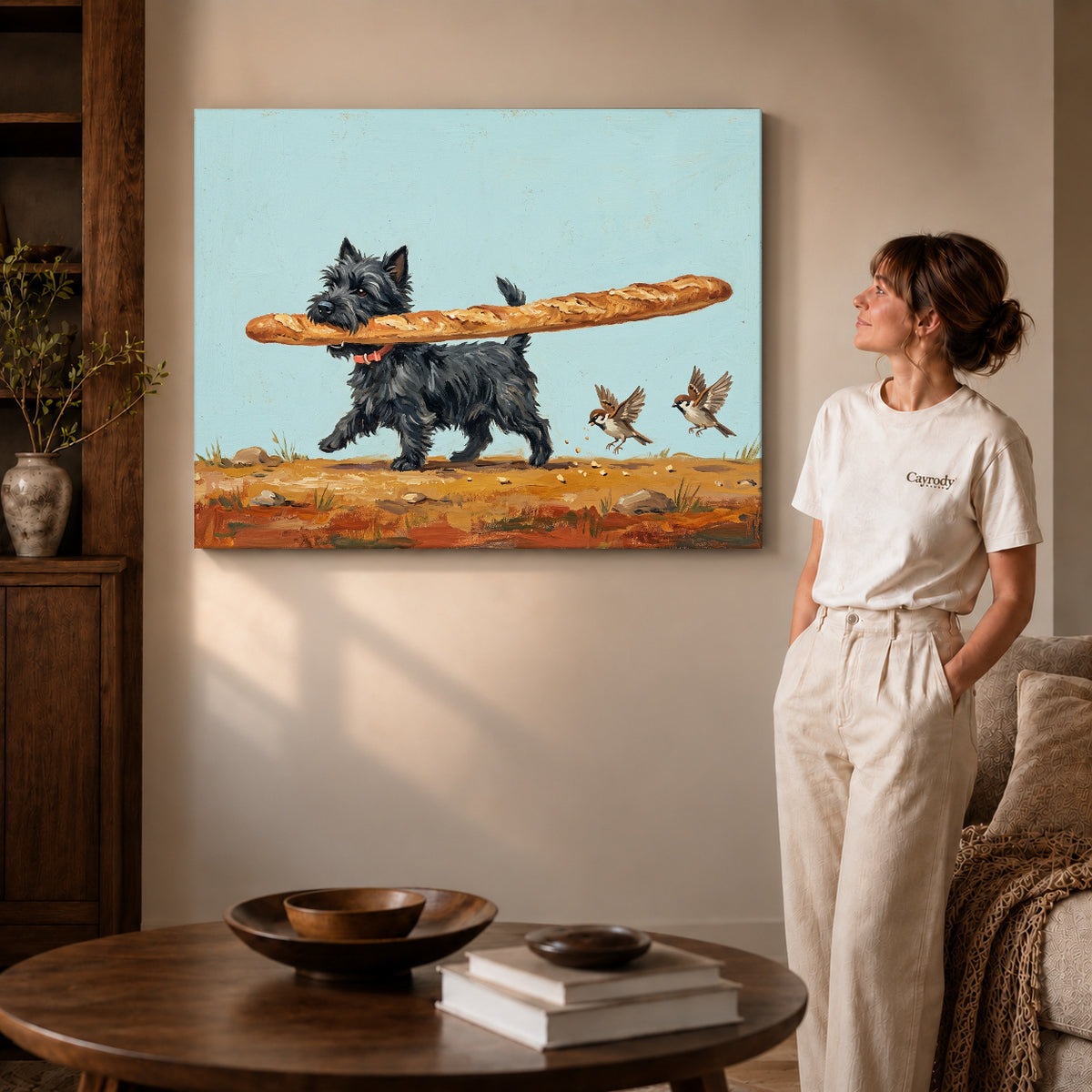 Gallery wrapped baguette terrier canvas art room scene assigned to all six unframed wrapped canvas sizes.