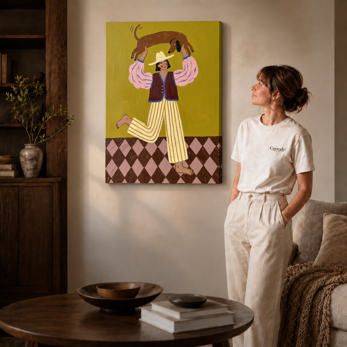 Gallery wrapped folk woman and dachshund canvas art room scene assigned to all six unframed wrapped canvas sizes.