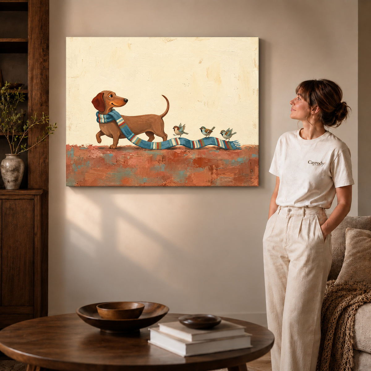Gallery wrapped scarf bird parade artwork scene assigned to all six unframed wrapped canvas sizes.