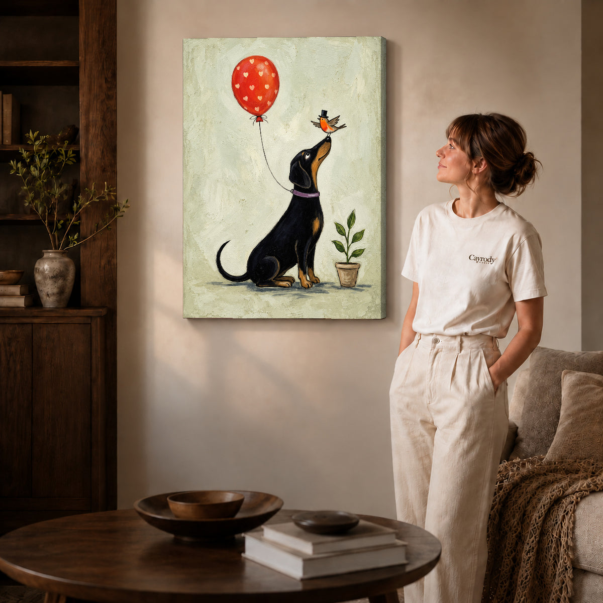 Gallery wrapped balloon bird dachshund artwork scene assigned to all six unframed wrapped canvas sizes.