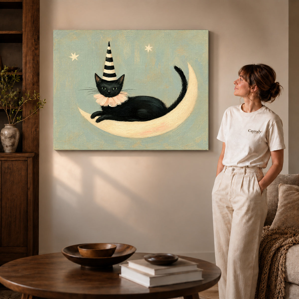Gallery wrapped crescent lounging cat artwork scene assigned to all six unframed wrapped canvas sizes.