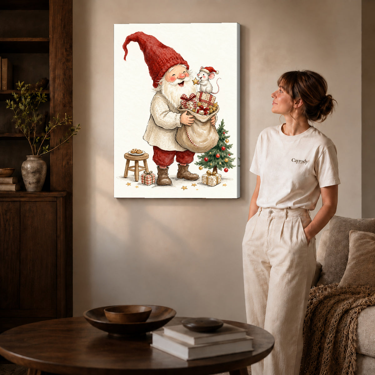Gallery wrapped santa mouse surprise artwork scene assigned to all six unframed wrapped canvas sizes.