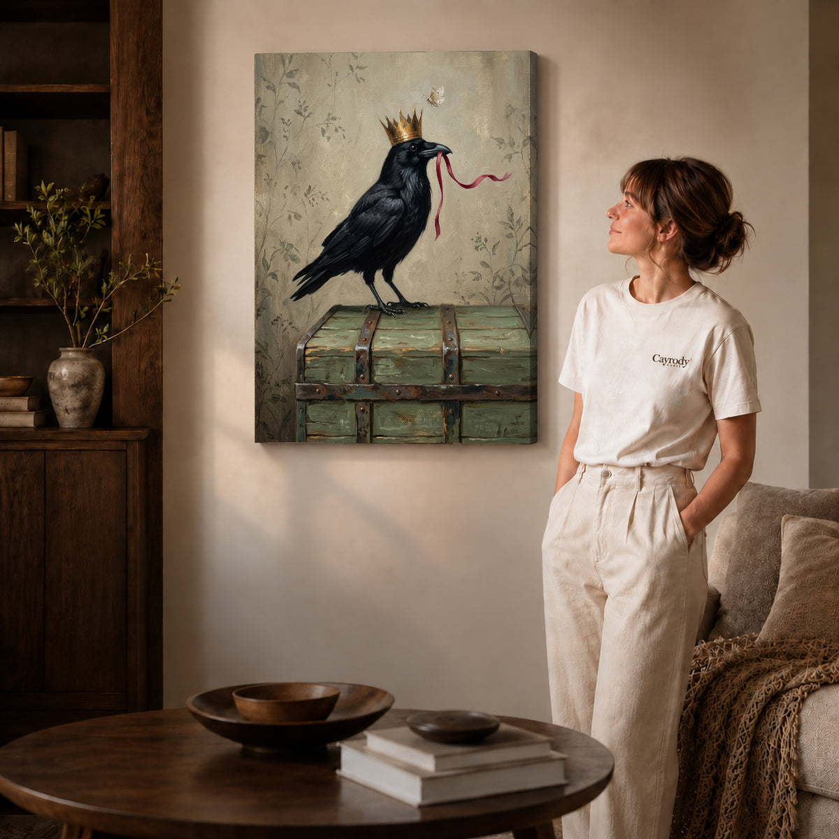 Gallery wrapped crowned raven ribbon canvas art room scene assigned to all six unframed wrapped canvas sizes.