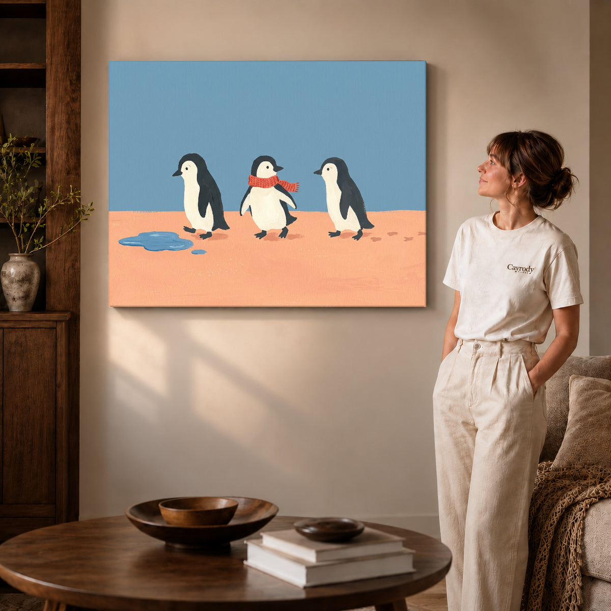 Gallery wrapped three penguin friends canvas art room scene assigned to all six unframed wrapped canvas sizes.