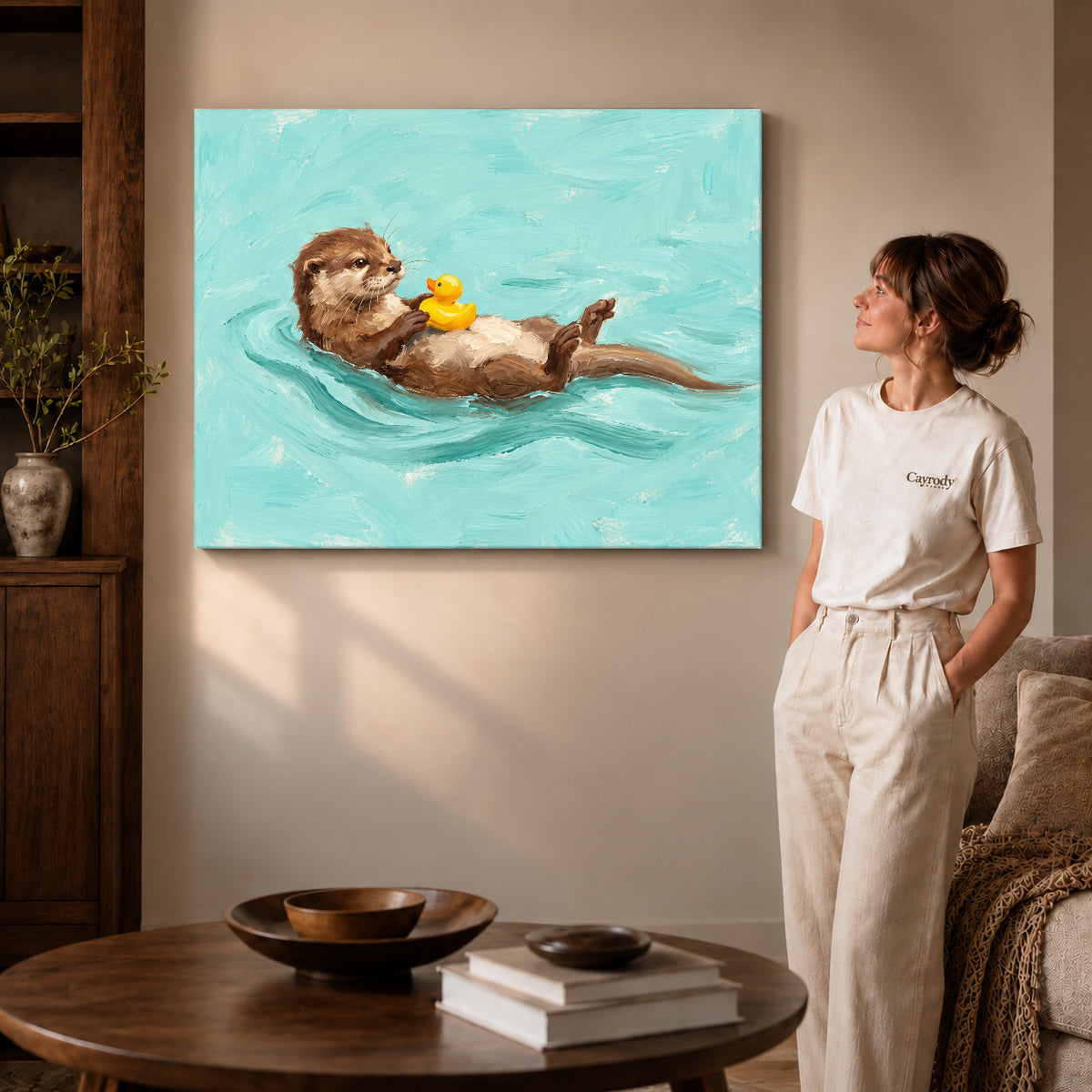 Gallery wrapped floating otter duck artwork scene assigned to all six unframed wrapped canvas sizes.