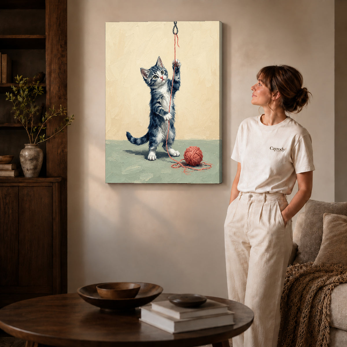 Gallery wrapped playful yarn kitten artwork scene assigned to all six unframed wrapped canvas sizes.