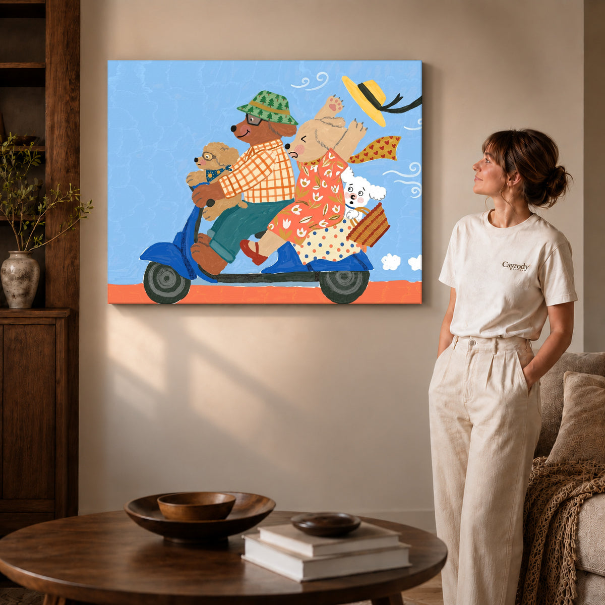 Gallery wrapped scooter dog family artwork scene assigned to all six unframed wrapped canvas sizes.